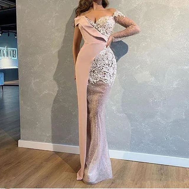 

2020 off shoulder fashion evening dresses appliqued v neckline sweep train mermaid prom party gowns one sleeve plus prom dresses