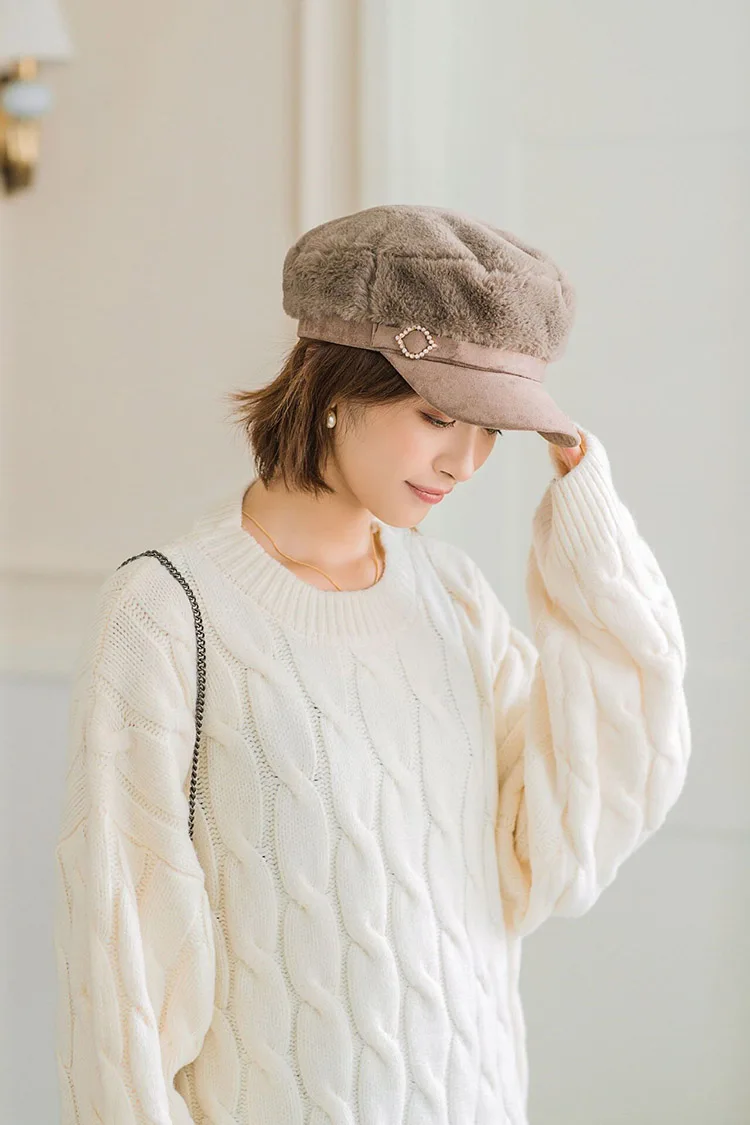 MAERSHEI/ Модные женские береты gorras, женская шапка в стиле милитари с кроличьим мехом, утолщенная теплая плоская кепка, восьмиугольные шапочки Newsboy