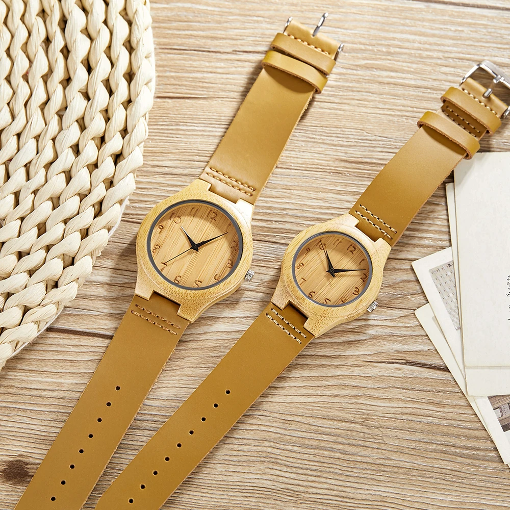 

Solid Wooden Watches Soft Leather Strap Wood Bamboo Quartz Watch Engraved Numbers Men Women Couple Wristwatches reloj de madera