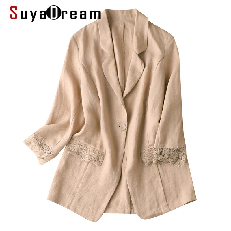 

SuyaDream Women Blazer 100%Linen Lace Sleeves Single Button Solid Blazers 2021 Spring Autumn Khaki White Jackets