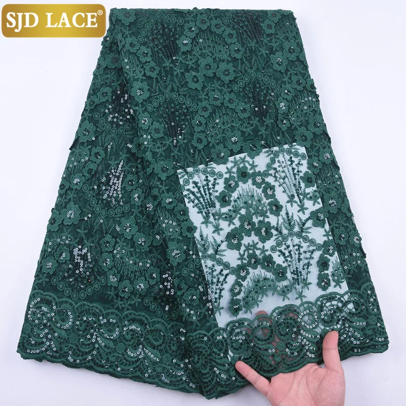 

SJD LACE African Lace Fabric High Quality French Mesh Lace Fabric With Sequins 3D Applique Milk Silk Laces For Wedding Sew 2044B