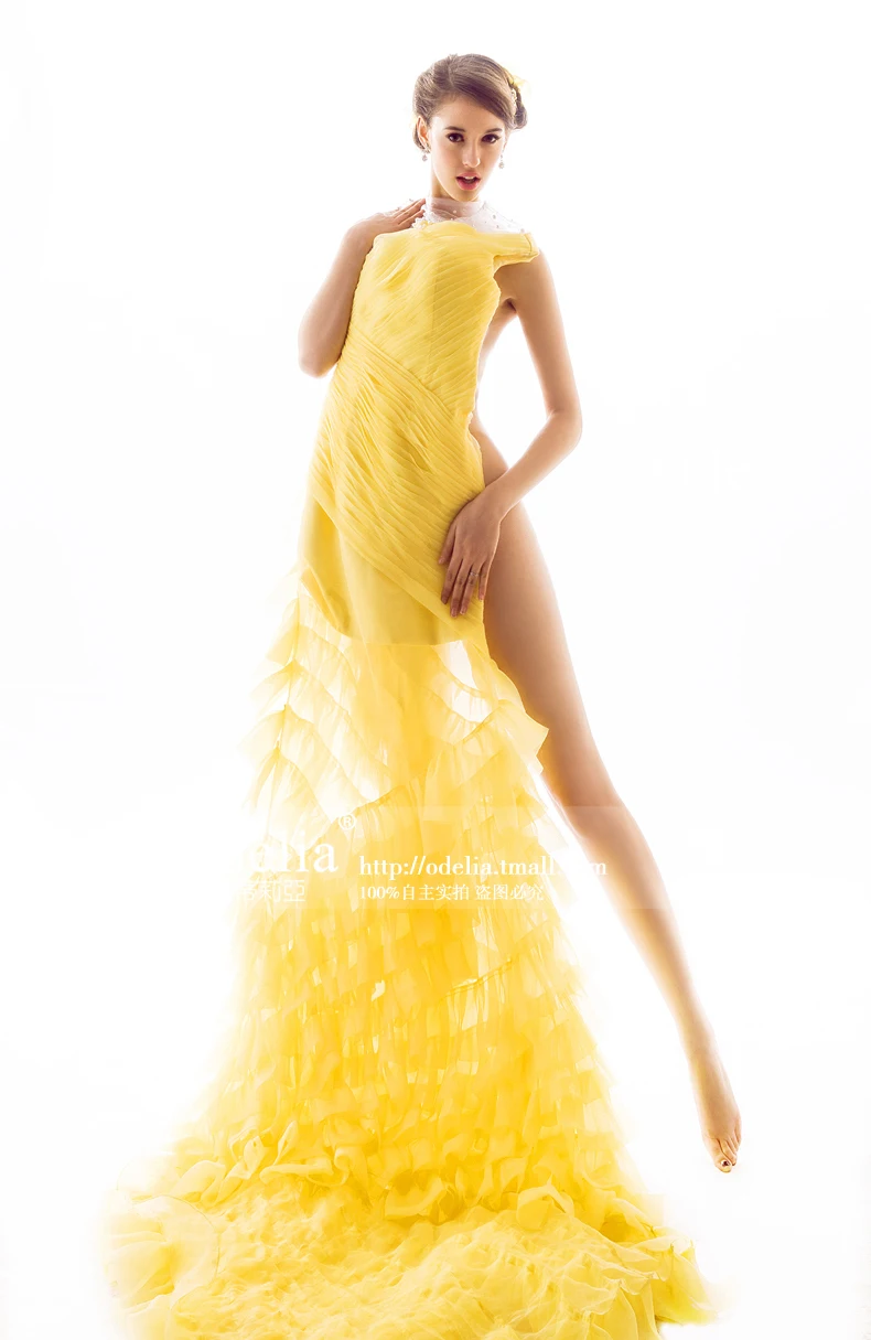 

free shipping robe de soiree 2016 new hot&sexy yellow long organza pearls tiered o-neck vestido de festa longo prom Dresses