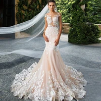 custom made o neck cap sleeve embroidery appliques tulle bridal gown elegant backless chapel train mermaid wedding dress