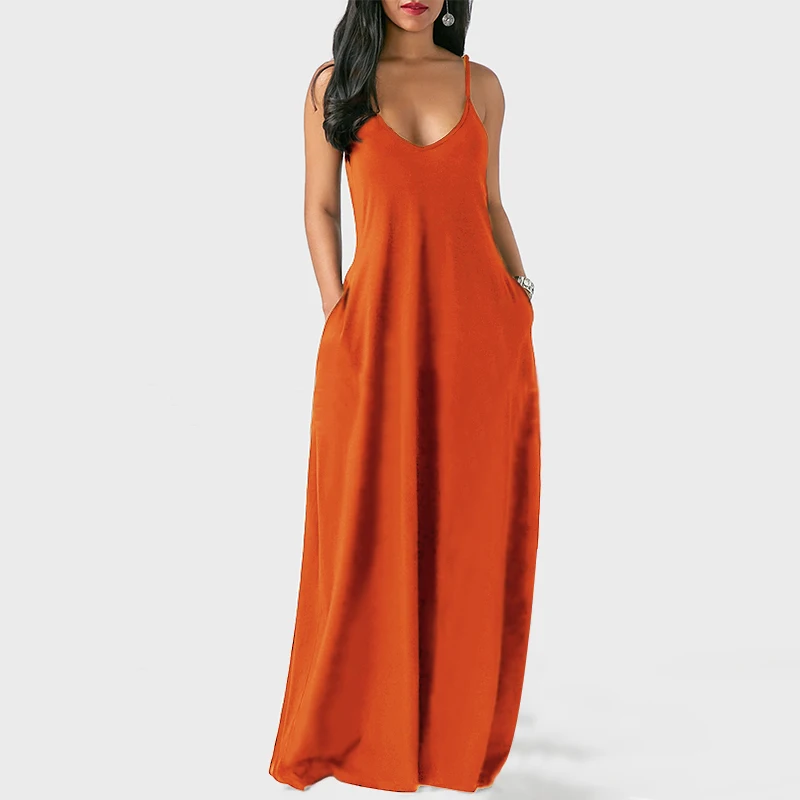 

Summer Women Long Dress 2021 Sexy Spaghetti Straps Pockets Maxi Dress Casual Loose Solid Female Beach Dresses Plus Size