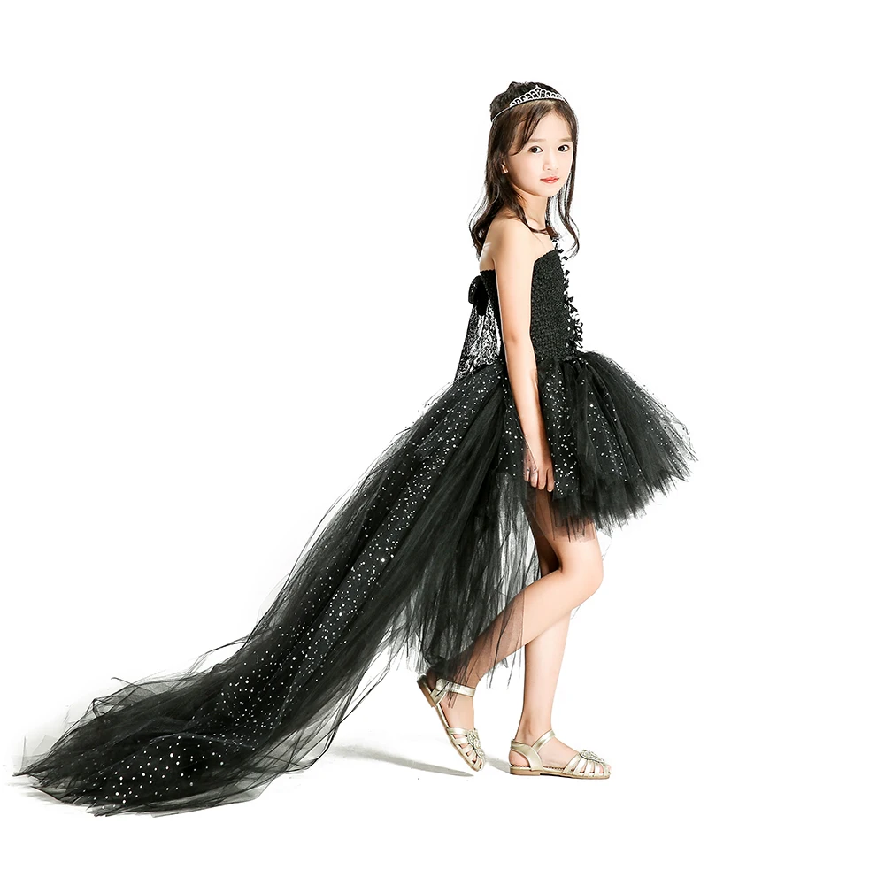 Shiny black girl party dress tulle ribbon bow lace baby tutu birthday clothes | Детская одежда и обувь