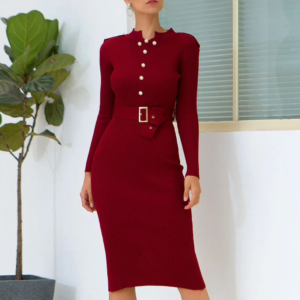 Осенне-зимнее вязаное платье-свитер на шнуровке с длинным рукавом и