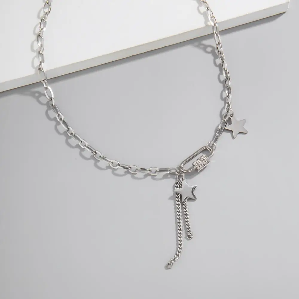 

Fashion Star Stainless Steel Necklaces for Women Punk Pins Shape Pendant Sliver Color Choker Necklace for Women Collares Femme