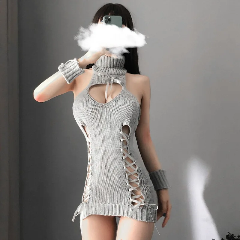 

Sexy Cute Open Chest Backless Ribbon Strap Sweater Dress Anime Cat Cosplay Knitted Kawaii Turtleneck Hollow Top Pullovers