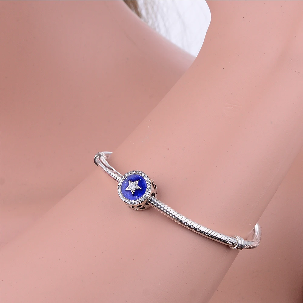 Blue Enamel Round Clear Zircon Star Beads Fit Original Pulseiras Charms Bracelet 925 Sterling Silver Jewelry Summer Gift | Украшения и