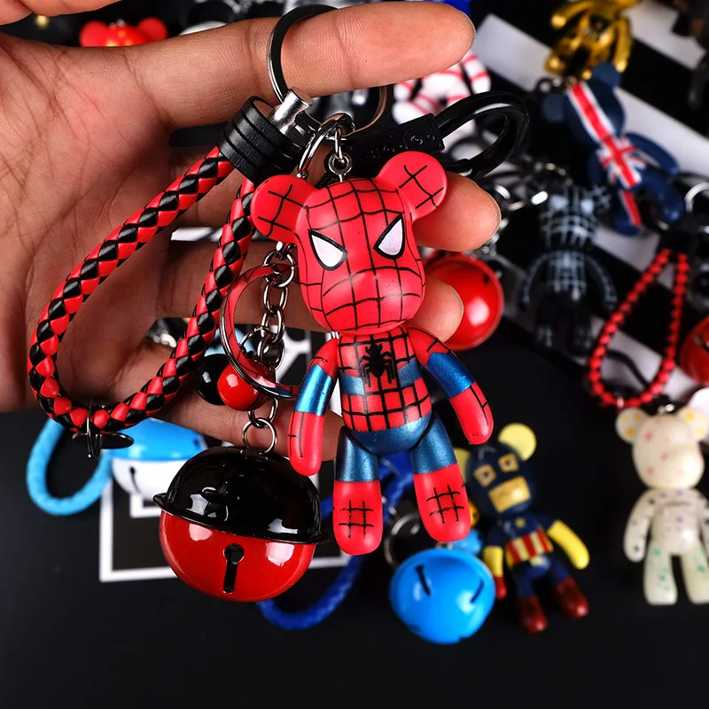 

Creative Doll Keychain Little Bear Leather Cord Bells Car Key Ring Bag Pendant Accessories Cartoon Man and Woman Holiday Gift