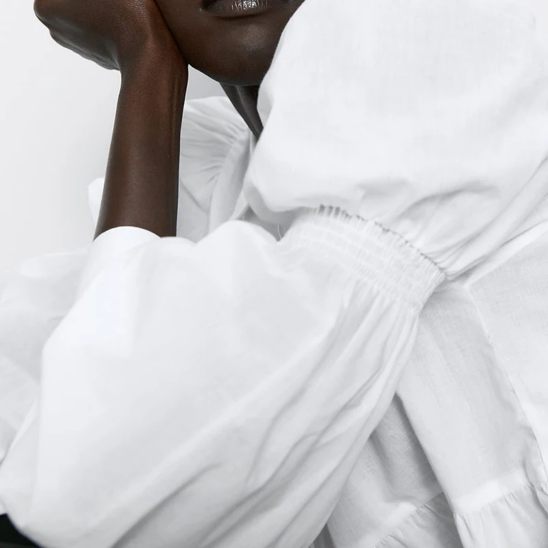 Женская однобортная рубашка ZA белая однотонная со складками и отложным