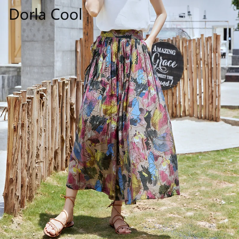 New retro Style Women Printed Skirts Maxi Long Aline Chinese Style Casual Summer Cool Fat Girl's Slim Clothing High Waist Skirt