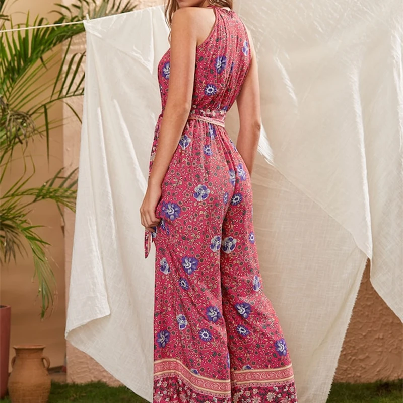 

Leiouna Printing New Loose Neck-mounted Bohemian Casual Summer Women'sHigh Waist Belt Wide Leg Pants Jumpsuit