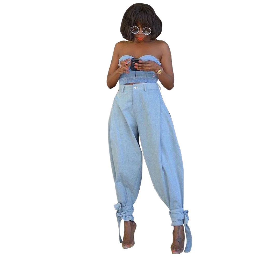 

SHZQ Jeans Solid Color Loose Button Bandage Mid-waist Women Wide-leg Trousers Autumn New Style Fashion Streetwear