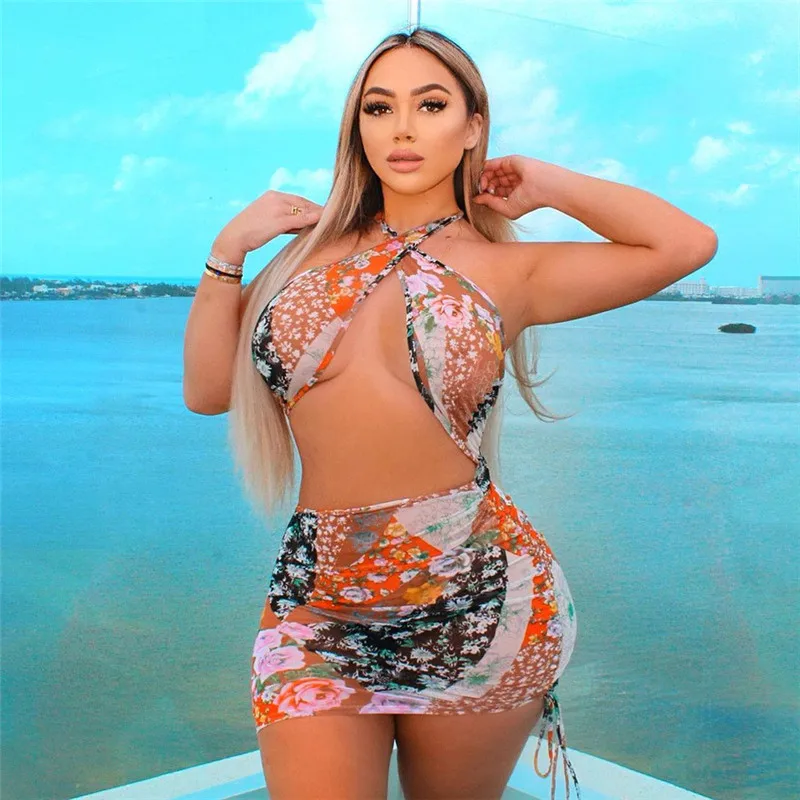 

CHRONSTYLE Floral Print Patchwork Sexy Women Dress Off Shoulder Hollow Out Halter Bodycon Summer Backless Clubwear Mini Dress