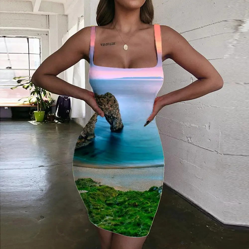 

KYKU Landscape Dresses Women Sea Bodycon Dress Colorful Vestido Sexy Womens Clothing Summer Vintage Korean Style Fashion
