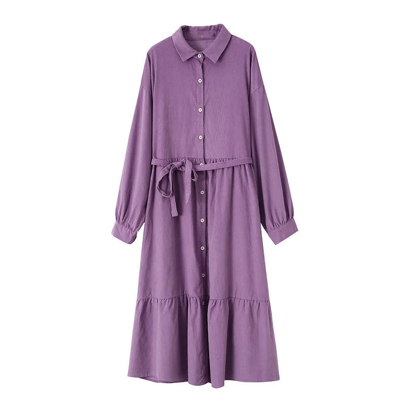 

Spring Summer Women Oversize Long Shirt Dress Turn-down Collar Button Solid Vintage Elegant n Maxi Dress With Belt