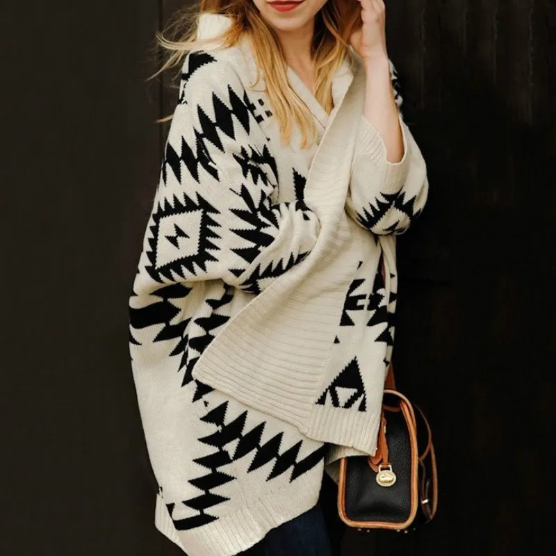 Вязаное пальто Свободный кардиган с большими лацканами и геометрическим узором