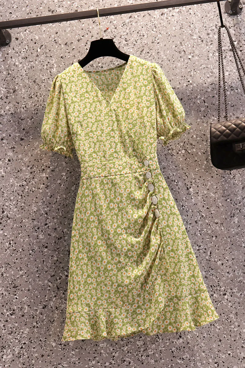 

COIGARSAM Floral Print Women dress New Summer Dresses Green 1275