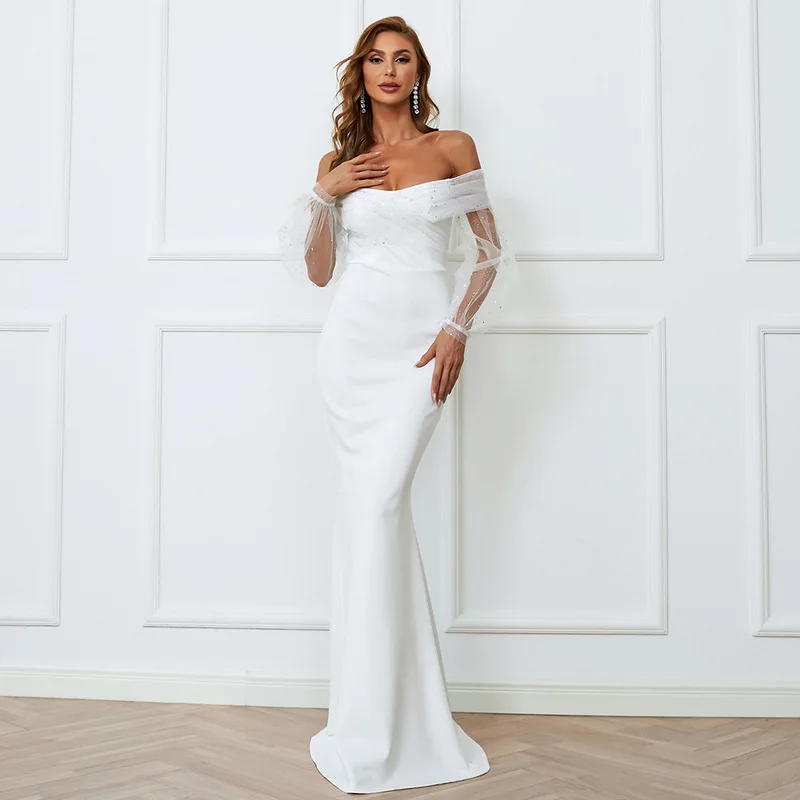 

Элегантное Белое простое свадебное вечернее платье для женщин, Сетчатое платье макси с длинным рукавом, вырезом лодочкой и юбкой-годе, плат...