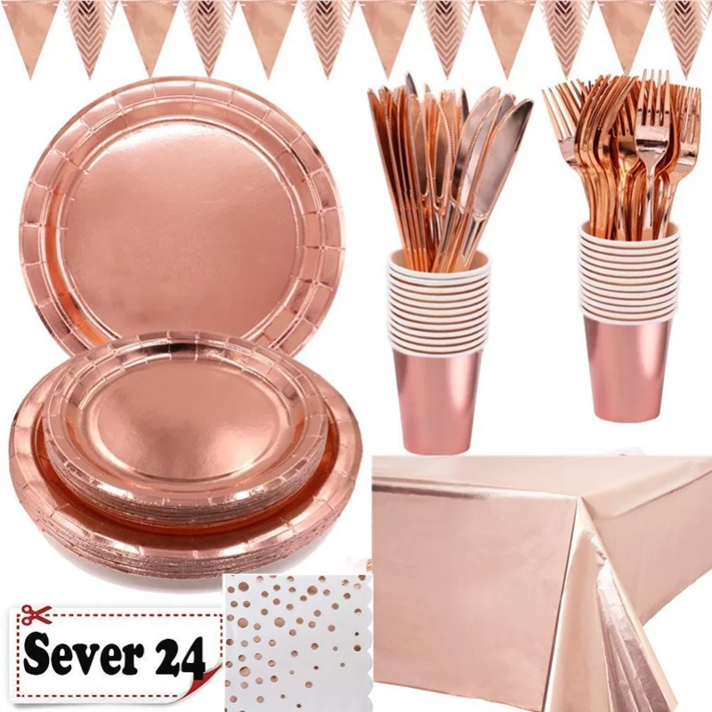 

Bronzing Rose Gold Tablecloth Paper Cup Knife Fork Spoon Paper Plate Party Party Supplies Decoration Set