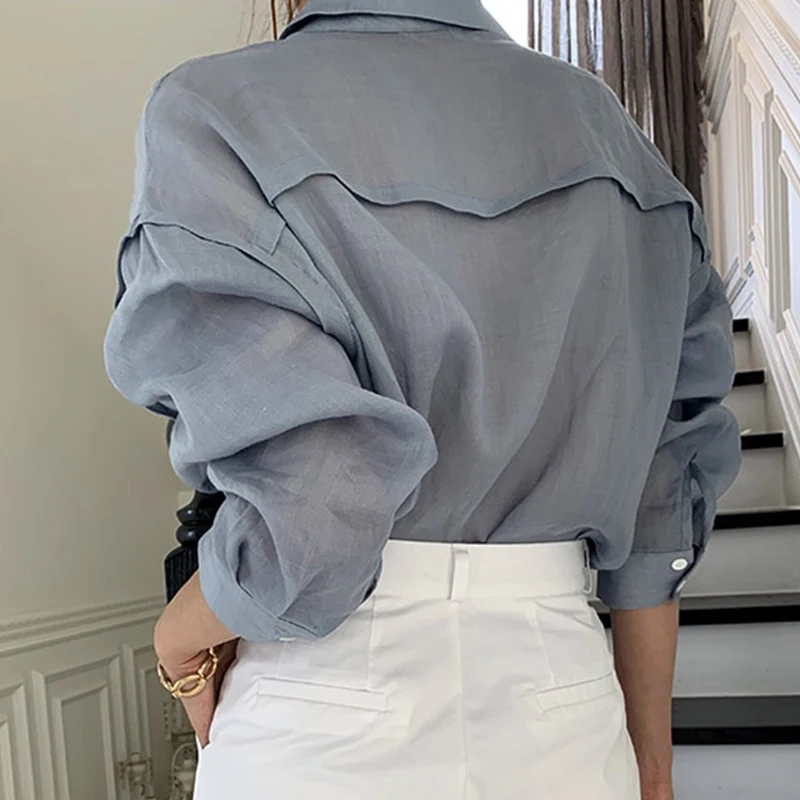 

South Korea Chic Summer Temperament Polo Collar Single-breasted Double-pocket Loose Thin Long-sleeved Shirt Woman