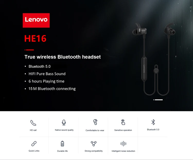 Lenovo HE16 Беспроводные спортивные стереонаушники Bluetooth 5,0 с защитой от пота, наушники с глубоким басом и микрофоном, наушники для тренировок и бега