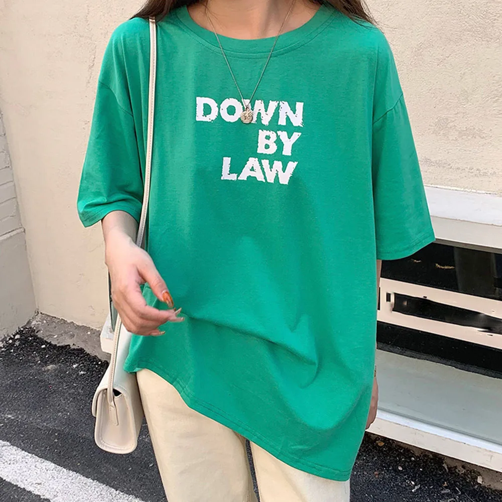 

Summer Women Korean Harajuku Print Print T-Shirt Cotton Half Sleeve Loose Pullover Regular Casual Streetwear Long Tshirt 2021