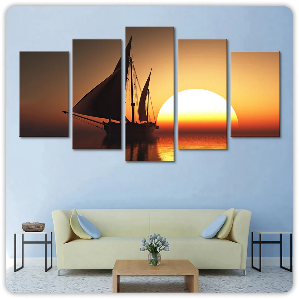 

Modular Pictures Modern Canvas Framework HD Printed 5 Piece/Pcs Sun Sea Ship Scenery Home Decor Living Room Wall Art Painting