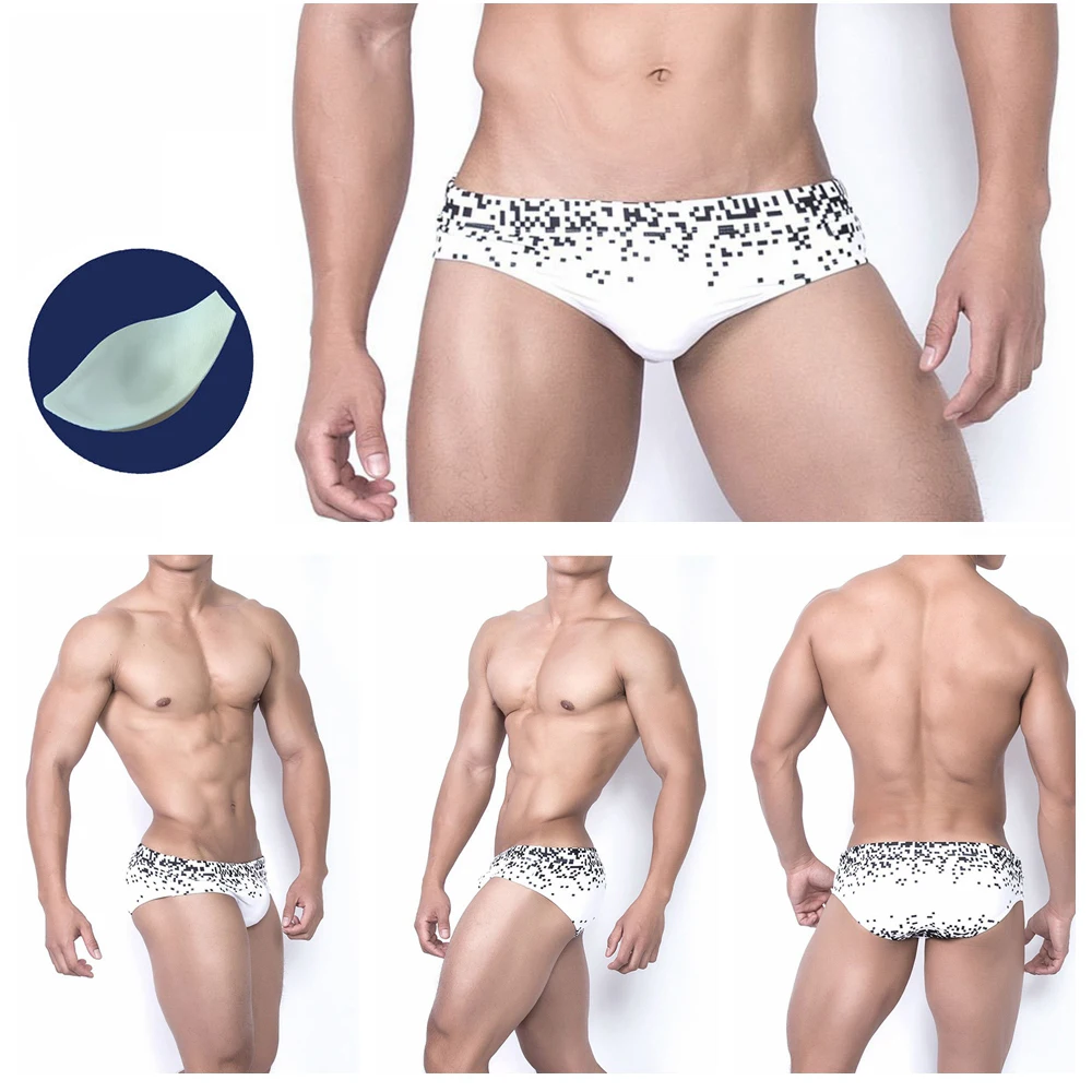 

Queshark Pro Swim Briefs Simple Black And White Digital Element Printing Triangle Shorts Quick Dry Swimming Trunks With Push Pad