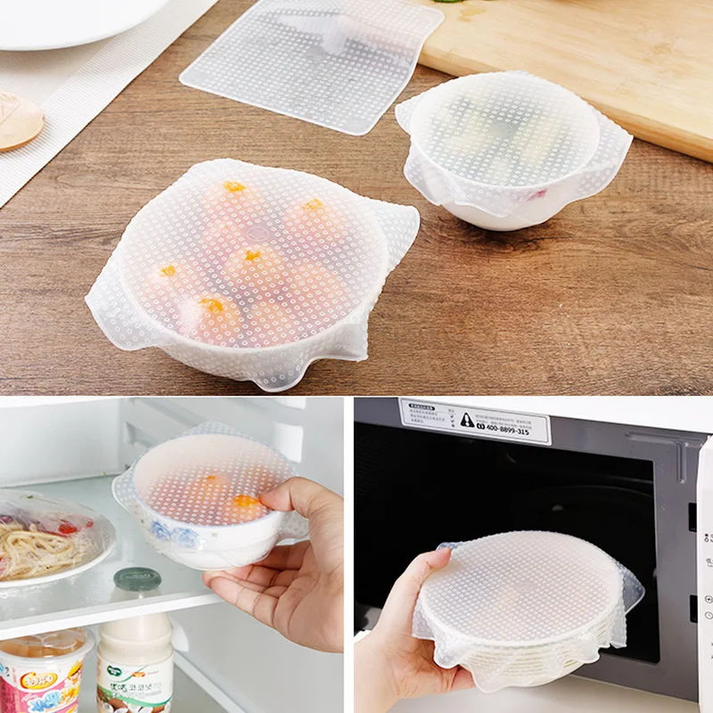 

4pcs/set New Reusable Silicone Bowl Cover Food Wrap Seal Vacuum Lid Stretch Multifunctional Food Fresh Keeping Kitchen Tool