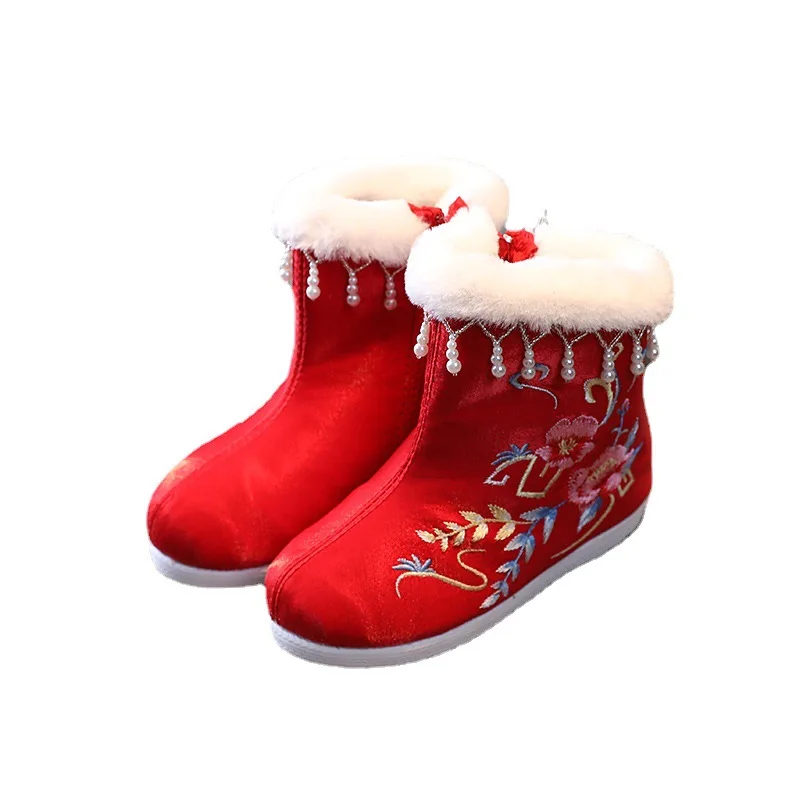 Ботинки с вышивкой для девочек осенне-зимние ботинки Hanfu детская Тканевая обувь