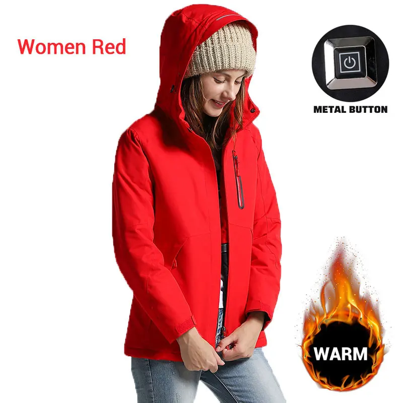 Women Red Мотоциклетная куртка для мужчин и женщин Зимняя Толстая USB Инфракрасная нагревательная куртка водонепроницаемая с капюшоном электрическая теплая одежда Chaqueta Moto - Цвет: Women Red