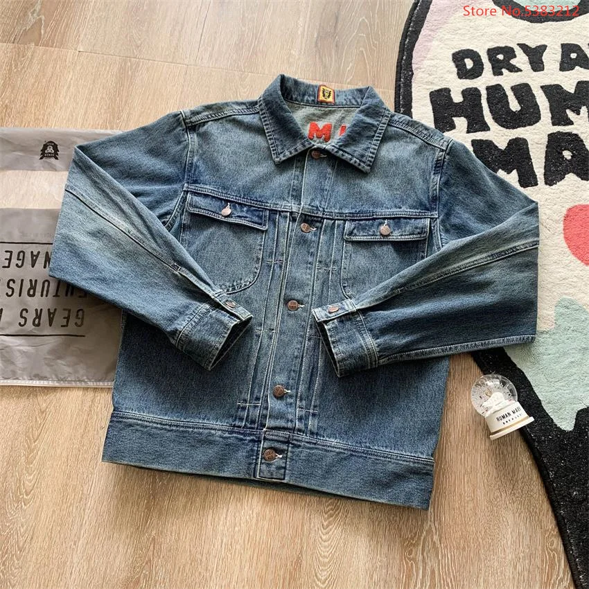 Human Made Denim Jacket For Men Women Jeans Bomber Jackets Japanese Streetwear Vintage Clothes Hip Hop Cropped Coats Fashion