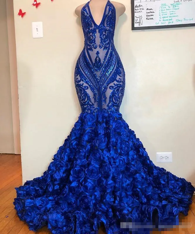 

2020 Royal Blue Mermaid Prom Dresses See Through Sparkly Sequins Deep V Neck Halter 3d flower African Cheap Formal Evening Party