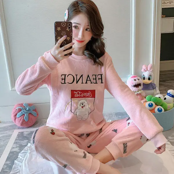 

020 Autumn and Winter Pajamas Women's Flannel Set Thick Warm Students Cute Sweet round Neck Leisure Tops