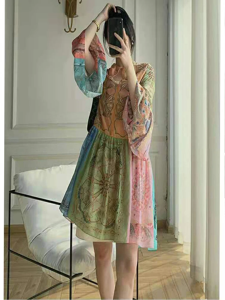 Summer Mini Dresses For Women 2021 Floral Dress With Flowers Pattern Women Midi Flare Sleeve O-neck Loose Elegant Slim Dress