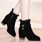 2020 г., зимние женские ботильоны ботинки из искусственной замши Дизайнерская обувь из газовой ткани черные модельные туфли на высоком каблуке пикантные женские ботинки 8788N