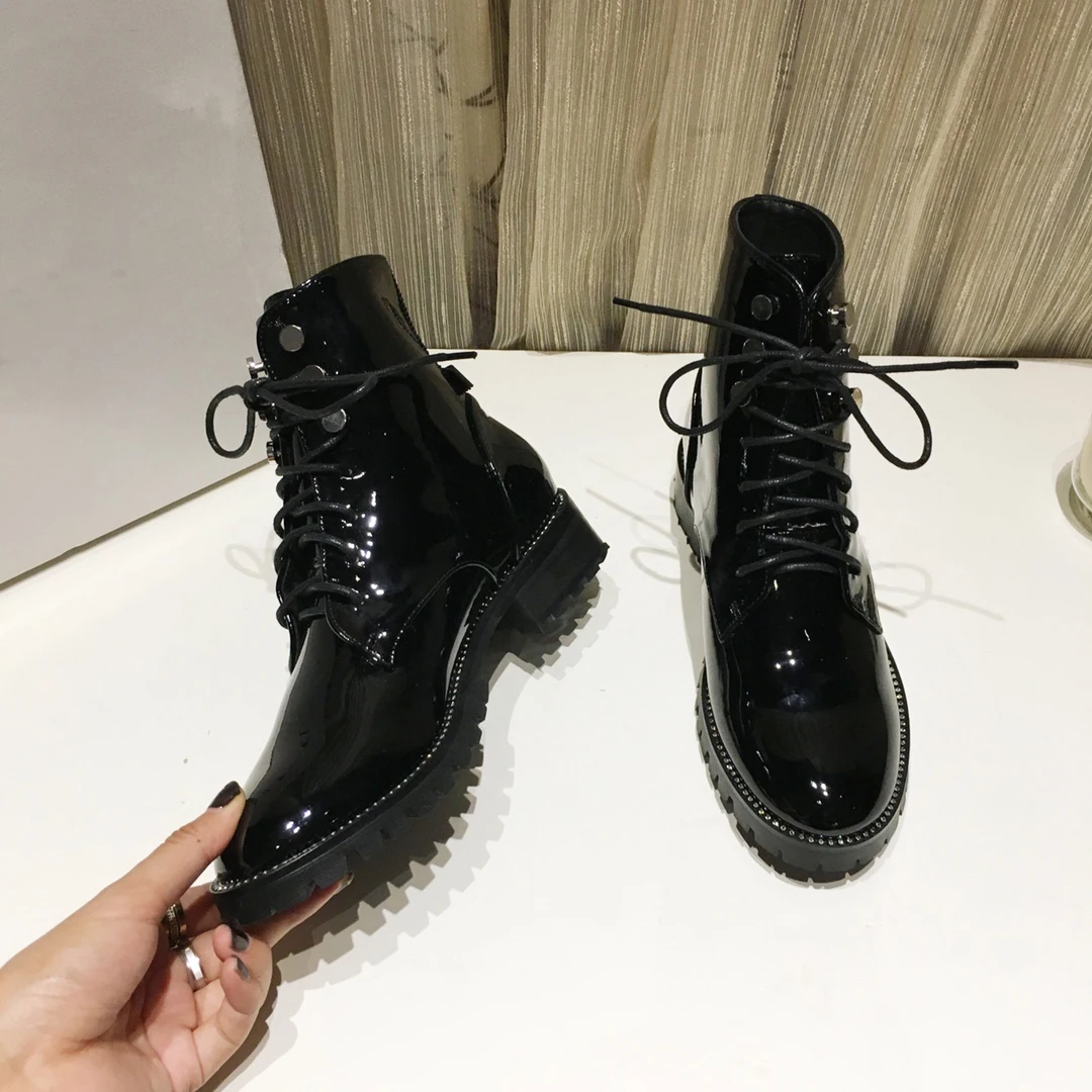 Online Sepatu Musim Gugur 2019 Sepatu Bot Pergelangan Kaki Sepatu Bot Martin Modis Wanita Sepatu Bot Martin Silang Tumit Chunky Perca Hitam Botas Mujer