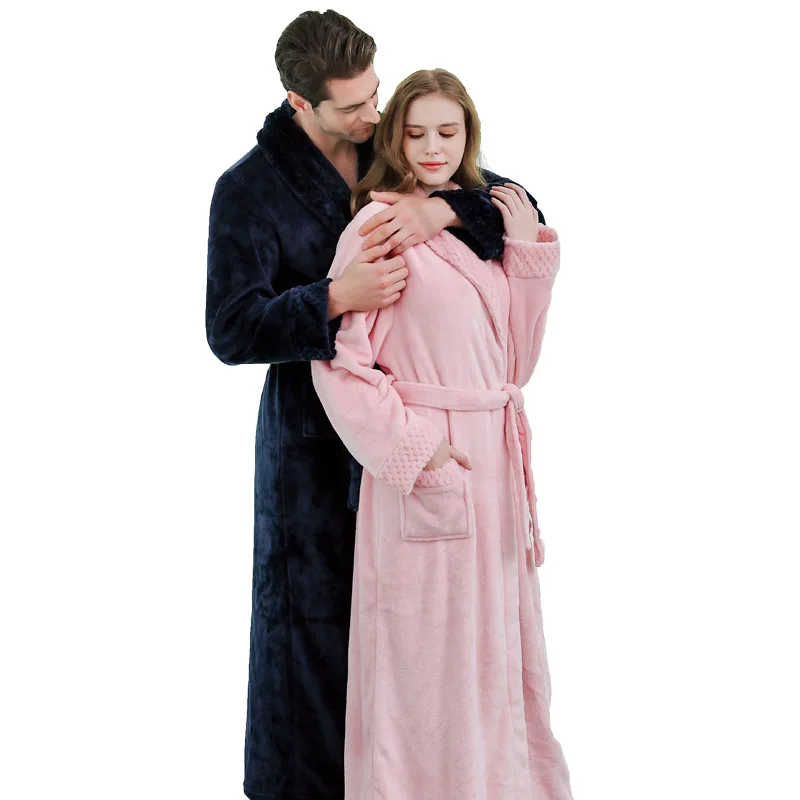 

Flannel Thickened Velvet Couple Bathrobe Autumn And Winter Men's Extended Large Size Coral Fleece Nightgown Women's Pajamas