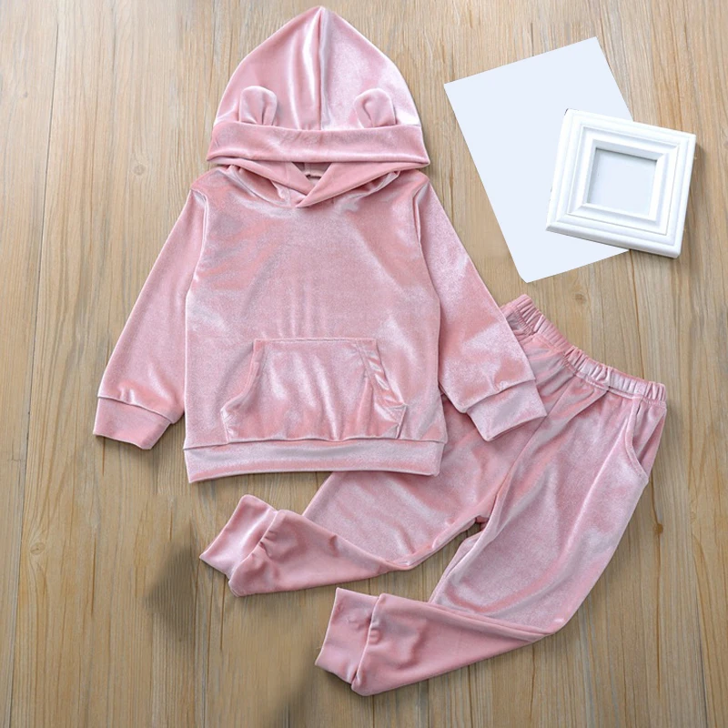 Зимний Бархатный спортивный костюм пуловер для маленьких девочек и мальчиков