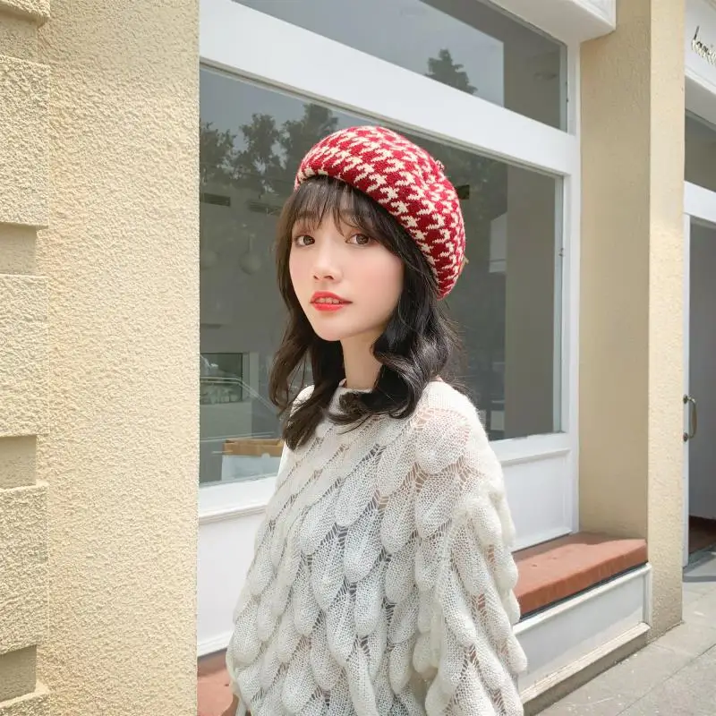 

New Classic Autumn Winter Wool Youth Woman Hound Tooth Figure Plaid Fashion Multi Color Flat Street Casual Pumpkin Beret Hat