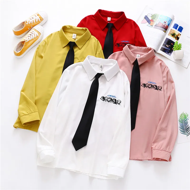 Новинка лета 2020 женские желтые рубашки с надписью собаки и галстуком осенняя