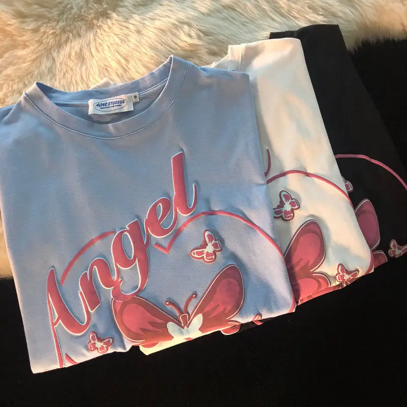 

100% Cotton Hong Kong-style Girly Shirt With Letter Printing half-sleeved Men And Women Couples short-sleeved t-shirt