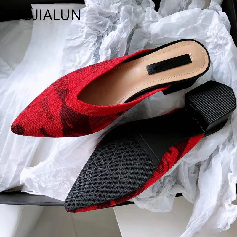 SUOJIALUN женские туфли без задника с острым носком Женские Повседневные вязаные на