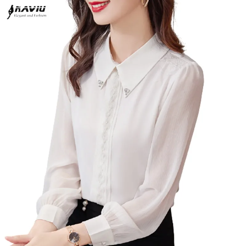 

White Chiffon Shirt Women Spring New Design Fashion Temperament Loose Formal Long Sleeve Blouses Office Ladies Work Tops Black