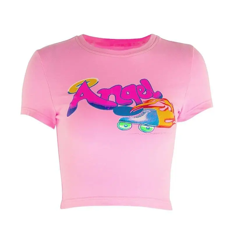 

European and American Summer New Women's Shirt Short Sleeve Wish Slim Printed T-shirt Internet Celebrity Same Style