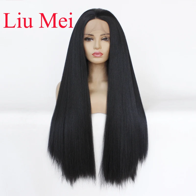 

Дешевые парики из искусственных волос 1B #26 дюймов длиной в итальянском стиле Yaki прямая шнуровка, парики синтетический Синтетические волосы ...