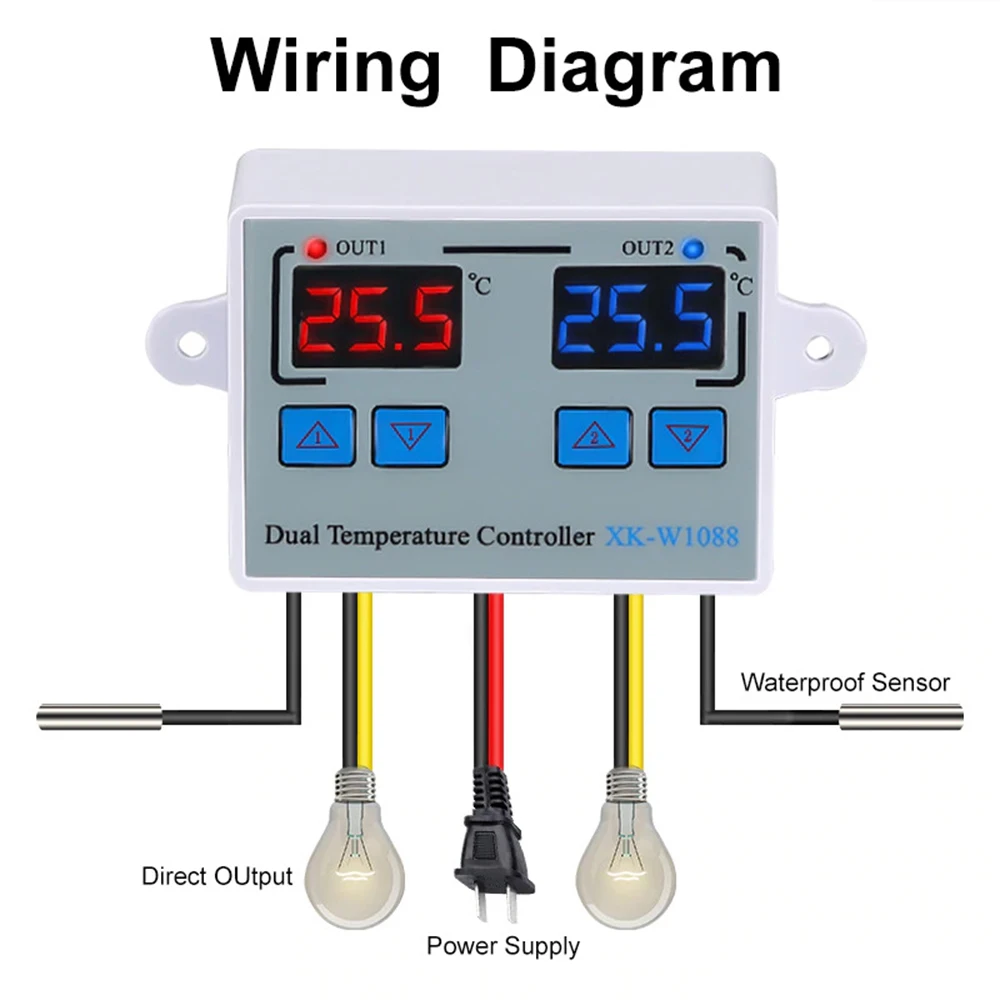 

Dual Digital Thermostat Temperature Controller Two Relay Output Thermoregulator for incubator Heating Cooling XK-W1088