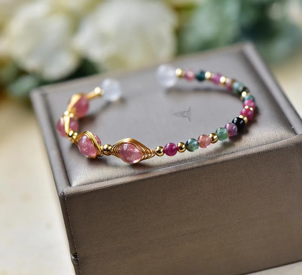 

Very Fine Natural Strawberry Crystal With Peach Blossom Tourmaline 14K Gold-Covered Bracelet